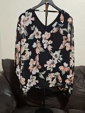 Floral V-Neck Black Blouse with Sheer Sleeves